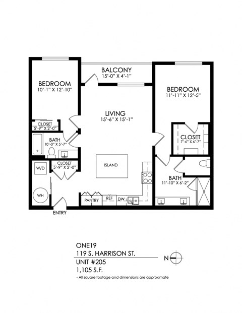 Floor plan for 2 beds, 2 baths, 1145 sqft